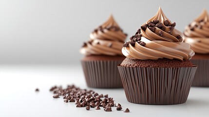Three chocolate cupcakes with chocolate frosting and chocolate chips. Generative ai