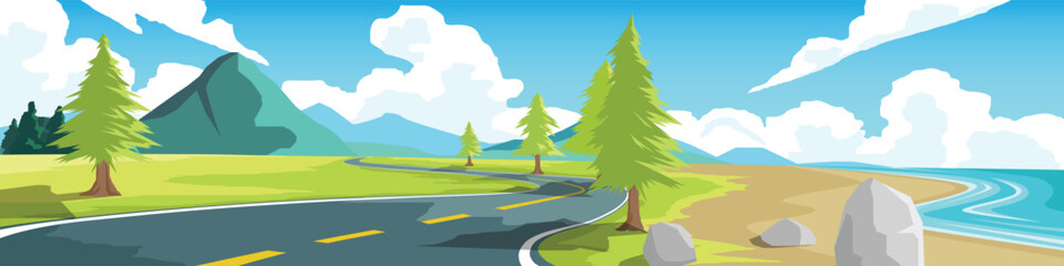 Fototapeta premium Curvy road on the meadow near sand beach. Asphalt road leading to the destination ahead. Green fields surrounded by hills and trees. Vector or Illustration transport and nature background for banner.