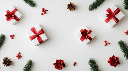 White Gift Boxes with Red Ribbons Surrounded by Pine Cones, Red Berries, and Greenery on a Light Background
