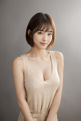 Obraz premium グレーバックに立つタンクトップの女性