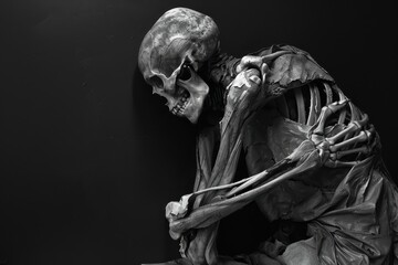 Obraz premium Detailed anatomical model showcasing human skeletal and muscular structure in a fine art context, emphasizing realism and texture in a neutral background