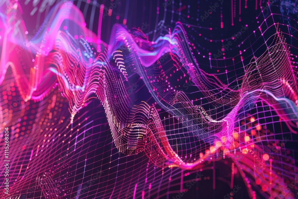 Poster analyzing stock market trends on a digital screen with fluctuating price graphs and trading data in 