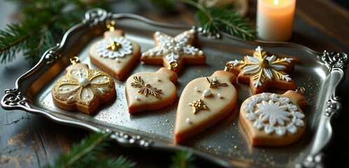 Beautifully crafted nutcracker cookies painted with royal icing, resting on a wooden board with scattered nuts, cinnamon sticks, and pine cones for a rustic holiday feel.