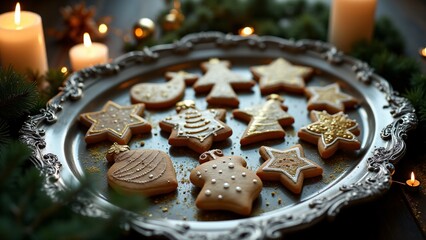 Fototapeta premium Beautifully crafted nutcracker cookies painted with royal icing, resting on a wooden board with scattered nuts, cinnamon sticks, and pine cones for a rustic holiday feel.