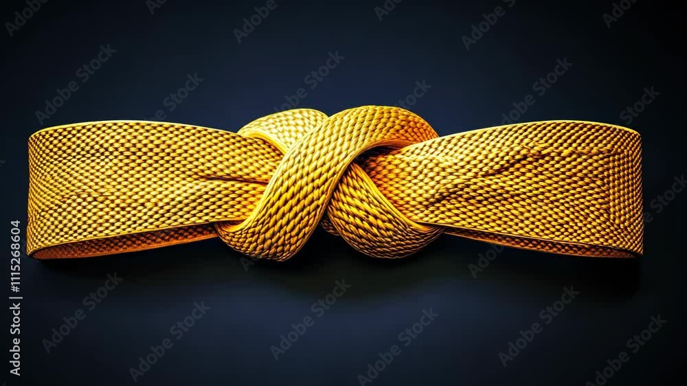 Poster knotted golden ribbon on a dark background, showcasing intricate patterns and textures in textile de