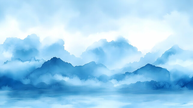 Blue Misty Mountains Watercolor Landscape Painting