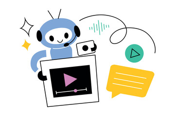 Cute robot with artificial intelligence creating videos, writing texts and messages, cute design, flat cartoon vector illustration for technology, automation, and communication themes
