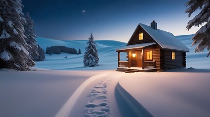 Fototapeta premium Winter Cabin Glows Brightly in Snowy Landscape