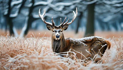 A horned deer standing in the forest in the early cold winter morning. Animals in winter.