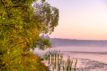Obraz premium Fog over the lake in the early autumn morning.