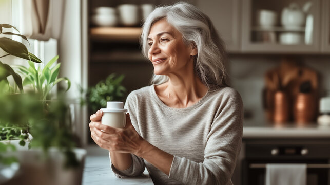 una mujer madura con canas. Est&aacute; llevando su vida Fitness, se cuida est&aacute; en la cocina de su casa. Tomando un producto de formula enteral. Que se vea real.