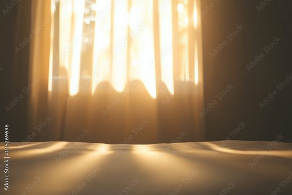 Poster a window with a curtain is letting in the sun, creating a warm