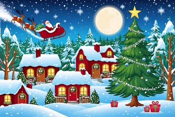 Fototapeta premium Winter snow landscape and houses with Christmas tree. Background with moon and the silhouette of Santa Claus flying on a sleigh