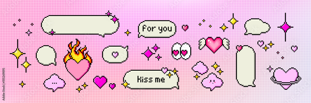 Aufkleber pixel art dialogue box and retro game style element, heart and star. speech bubbles in the mood of 9
