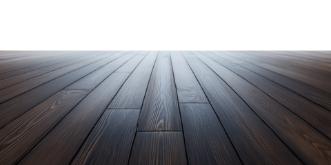 empty vintage black wooden floor, rusty wood table top on transparent white background for product display stage. cutout png