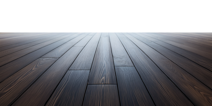 empty vintage black wooden floor, rusty wood table top on transparent white background for product display stage. cutout png