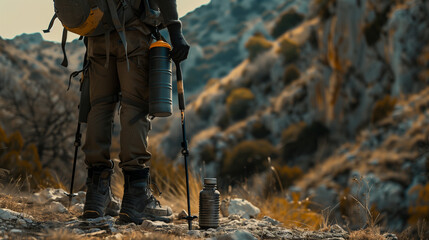 Naklejka premium A rugged, outdoor trail with a backpack filled with weight plates, trekking poles, and a water bottle. A person wearing hiking boots and tactical gear, adjusting the straps of the heavy backpack.