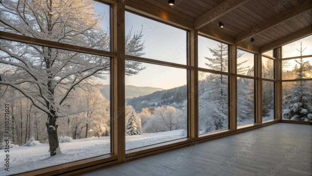Poster large windows frame picturesque snowcovered trees outside allowing natural light to flood in and ill