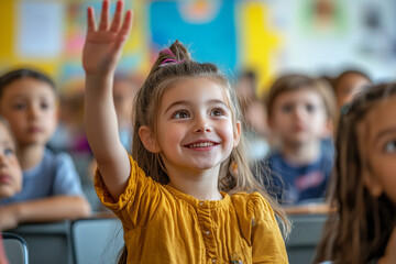 Fototapeta premium Caring Teacher Explaining a Math Lesson to a Classroom Full of Bright Diverse Children. Little Girl Raising Her Hand and Asking Tutor a Question. Primary School with a Group of Smart Multiethnic Kids 