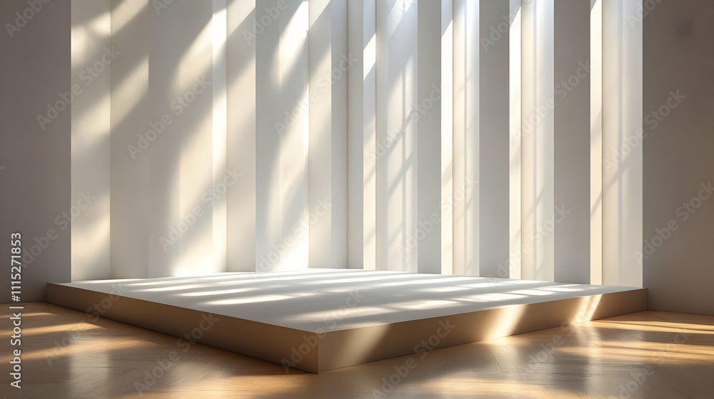 Poster sunlight through window on empty platform 3d illustration