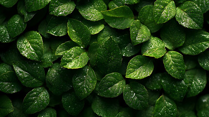 Dew-Kissed Green Leaves: Nature's Lush Beauty, Vibrant Foliage, Close-up View