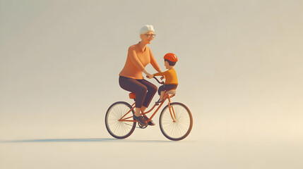 3D Grandparent Teaching Grandchild Bicycle Riding Sunny Park Generational Bonding