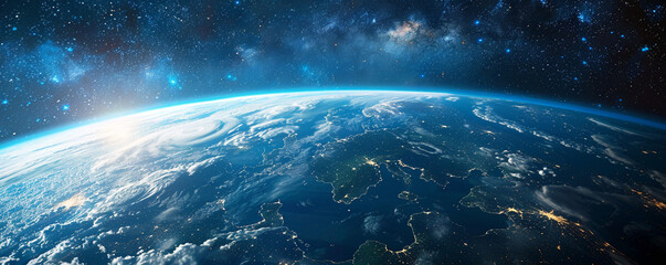 Obraz premium High-definition capture of Earth's hemisphere, showcasing landmasses, oceans, and cloud formations in crisp detail, against the serene, star-filled expanse of space