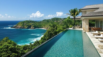 Fototapeta premium Oceanfront luxury villa with infinity pool, stunning coastal view.