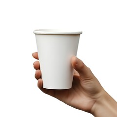 Hand holding white paper cup isolated on white background