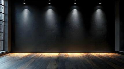Dark Room with Spotlights: Industrial Interior Design, Textured Wall, Wooden Floor