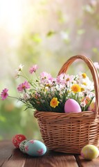A wicker basket filled with colorful Easter eggs and spring flowers, placed on a wooden table, with clear copy space
