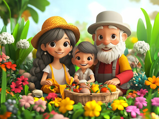 Multigenerational Picnic Joy 3D Young Couple Grandparents Vibrant Garden Leisure Fun