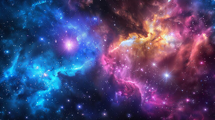 Obraz premium Mesmerizing colorful space galaxy cloud nebula with vibrant hues of blue, purple, and pink, surrounded by twinkling stars. A supernova illuminates the cosmic background