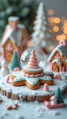 Obraz premium Stunning Christmas tree-shaped cookies with green icing and gold sprinkles, arranged on a white platter surrounded by ornaments, creating a festive centerpiece.