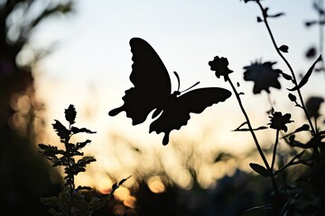 Fototapeta premium A Flying Butterfly Silhouette On A Garden Background