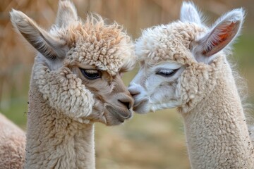 Obraz premium Two adorable alpacas nuzzle affectionately in a serene pasture during a bright sunny day, showcasing their soft, fluffy coats and endearing expressions