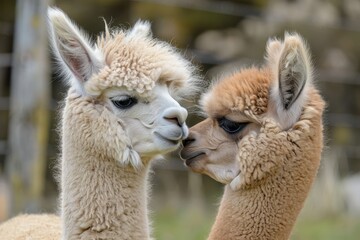 Obraz premium Two adorable alpacas nuzzle affectionately in a serene pasture during a bright sunny day, showcasing their soft, fluffy coats and endearing expressions