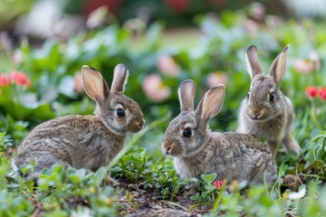 Fototapeta premium Three playful rabbits exploring a lush garden filled with colorful flowers under bright sunlight during a serene spring afternoon