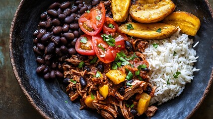 Fototapeta premium Close-up of a hearty bowl of shredded beef, black beans, rice, fried plantains, and sliced tomatoes.