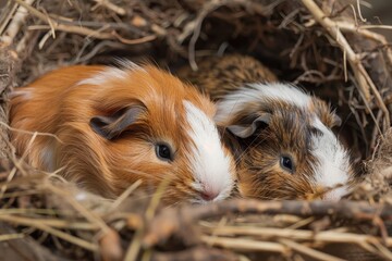 Three adorable guinea pigs nestled together in a cozy nest of hay, creating a heartwarming scene of friendship and comfort in a peaceful setting
