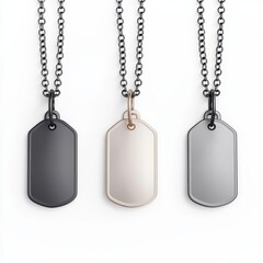 Fototapeta premium A set of military dog tags hanging from a chain, isolated on white background, representing honor and dedication, perfect for defense campaigns, collector’s items, storytelling visuals