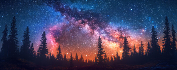 Fototapeta premium The Milky Way creating a cosmic arc over a quiet, dark forest, with detailed silhouettes of tall, slender trees and the galaxy's brilliant colors contrasting against the deep night