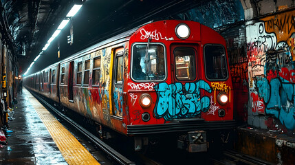Obraz premium Subway Train Graffiti Art: Urban Exploration in Transit