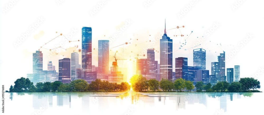 Poster city skyline with a sunrise and a reflection in the water, with abstract lines and shapes representi