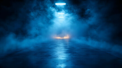 Fototapeta premium Mysterious Blue Fog Pathway: Neon Lights Illuminate Dark Concrete
