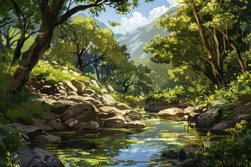 Tranquil forest pond reflecting lush greenery and lily pads under soft sunlight in a serene natural setting during the early morning hours