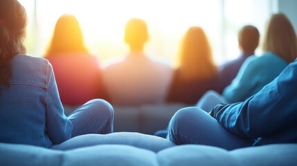 Contemporary workspace showcasing blurred professionals in casual clothing with a glowing bokeh effect representing a friendly and innovative office culture