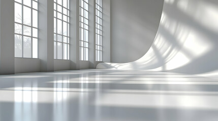 Obraz premium Modern Architecture: Sunlight Illuminates Clean Minimalist Interior Design, Featuring Large Windows