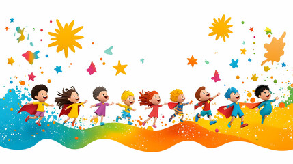 Obraz premium 3D Children Superheroes Playing Energetically in Sunny Park Abstract Background