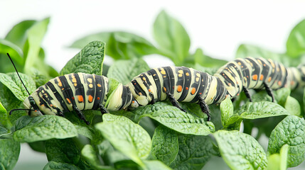 Fototapeta premium 3D Caterpillar Close Up on Green Plant Macro Detail with Copy Space
